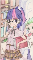 Size: 336x600 | Tagged: safe, artist:ten-sora-, derpibooru import, spike, twilight sparkle, clothes, glasses, humanized, skirt, traditional art