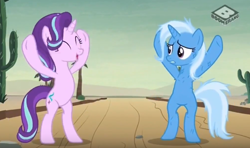 Size: 672x398 | Tagged: safe, derpibooru import, screencap, starlight glimmer, trixie, pony, unicorn, road to friendship, bipedal, boomerang (tv channel), cactus, duo, female, mare, messy mane