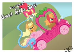 Size: 900x638 | Tagged: dead source, safe, artist:gamebuddy123, apple bloom, applejack, big macintosh, earth pony, pony, apple bloom's bow, apple siblings, applejack truck, applejack's hat, bow, cowboy hat, female, filly, hair bow, hat, male, mare, mouth hold, postcard, rope, stallion, yeehaw