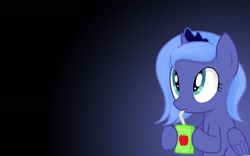 Size: 1392x870 | Tagged: safe, artist:staticwave12, princess luna, alicorn, pony, filly, juice box, solo, wallpaper, woona