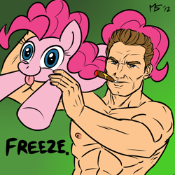 Size: 962x962 | Tagged: safe, artist:megasweet, artist:reaver, pinkie pie, human, arnold schwarzenegger, cigar, nipples, tongue out