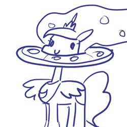 Size: 500x500 | Tagged: safe, artist:artylovr, princess luna, alicorn, pony, monochrome, pizza, praise moon, solo