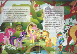 Size: 1200x833 | Tagged: safe, derpibooru import, angel bunny, applejack, basil, fluttershy, pinkie pie, rainbow dash, twilight sparkle, dragon, earth pony, pegasus, pony, comic:fluttershy und der drache, german, german comic, official, story, translated in the comments