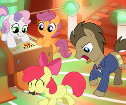 Size: 1600x1333 | Tagged: safe, artist:madmax, apple bloom, doctor whooves, scootaloo, sweetie belle, adorabloom, cute, cutealoo, cutie mark crusaders, diasweetes, end of the multiverse, eyes closed, mouth hold, red button, sonic screwdriver, tardis