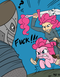 Size: 2343x3031 | Tagged: safe, artist:circuitboard, artist:megasweet, pinkie pie, pony, crossover, high res, human ponidox, humanized, skyrim, swordified, the elder scrolls, vulgar