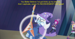 Size: 1598x828 | Tagged: safe, derpibooru import, edit, edited screencap, screencap, fuchsia blush, lavender lace, trixie, equestria girls, rainbow rocks, background human, image macro, inconvenient trixie, meme, woonoggles