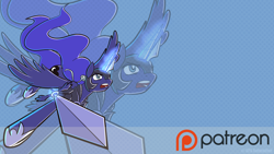 Size: 1280x721 | Tagged: safe, artist:animatorrawgreen, princess luna, alicorn, pony, action pose, fall of the crystal empire, patreon, patreon logo, solo, sword, wallpaper, watermark, weapon, zoom layer