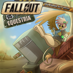 Size: 1200x1200 | Tagged: safe, artist:madmax, pinkie pie, oc, oc:paharita, earth pony, griffon, pony, fallout equestria, fallout equestria: anywhere but here, billboard, cover art, fanfic, fanfic art, female, forever, goggles, looking at you, mare, ministry mares, ministry of morale, paws, pinkie pie is watching you, poster, propaganda, smiling, solo, text, tree, wasteland