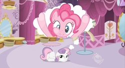 Size: 851x468 | Tagged: safe, pinkie pie, sweetie belle, earth pony, pony, unicorn, daydream, duo, duo female, female, mare