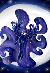 Size: 1205x1776 | Tagged: safe, artist:blueshadowsmist, princess luna, alicorn, pony, glowing eyes, moon, solo, spread wings