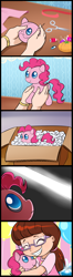 Size: 656x2500 | Tagged: safe, artist:madmax, pinkie pie, human, balloon, child, comic, cute, fabric, heartwarming, needle, plushie, present, scissors, sewing, spool, target demographic, thread