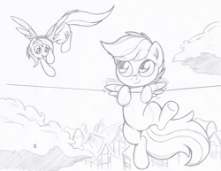 Size: 1037x801 | Tagged: safe, artist:joey darkmeat, rainbow dash, scootaloo, pegasus, pony, hang in there, monochrome, traditional art