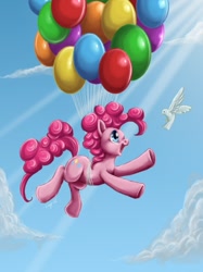 Size: 637x850 | Tagged: safe, artist:ryuza, pinkie pie, bird, dove, earth pony, pony, balloon, cloud, cloudy, then watch her balloons lift her up to the sky