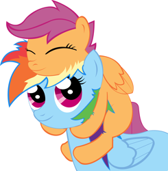 Size: 2440x2492 | Tagged: safe, artist:cronnox, rainbow dash, scootaloo, pegasus, pony, eyes closed, female, filly, high res, mare, piggyback ride, scootalove