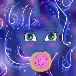 Size: 3000x3000 | Tagged: safe, artist:purplesquidz, princess luna, alicorn, pony, :3, blushing, cookie, mouth hold, solo