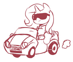 Size: 850x719 | Tagged: safe, artist:ende26, derpibooru import, trixie, pony, unicorn, car, female, mare, monochrome, sketch, solo, sunglasses