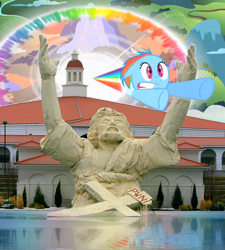 Size: 450x500 | Tagged: safe, artist:ponyweed, rainbow dash, pegasus, pony, filly, foal, jesus christ, parody, photo, sonic rainboom, touchdown, touchdown jesus