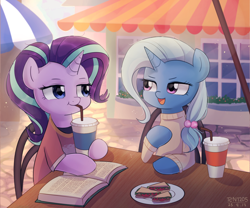 Size: 1800x1500 | Tagged: safe, artist:tcn1205, derpibooru import, starlight glimmer, trixie, pony, unicorn, baubles, bendy straw, book, clothes, cute, diatrixes, drink, drinking straw, duo, female, food, glimmerbetes, hair tie, horn, looking at each other, mare, open mouth, outdoors, plate, sandwich, shirt, sipping, sitting, smiling, straw, sweater, undershirt