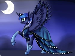 Size: 1016x762 | Tagged: safe, artist:neutisshow, princess luna, alicorn, pony, clothes, dress, moon, raised hoof, solo, spread wings