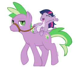 Size: 682x622 | Tagged: dead source, safe, artist:conchelor, derpibooru import, spike, twilight sparkle, dragon, pony, a dog and pony show, dragonified, dragons riding ponies, ponified, ponified spike, riding, role reversal, species swap, twilidragon