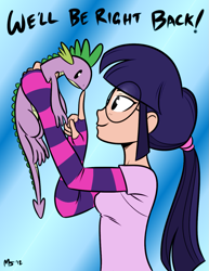 Size: 1041x1347 | Tagged: safe, artist:megasweet, artist:trelwin, derpibooru import, spike, twilight sparkle, lizard, canter girls, glasses, humanized, ponytail