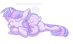 Size: 900x539 | Tagged: safe, artist:kiki-kit, derpibooru import, spike, twilight sparkle, dragon, pony, unicorn, baby, baby dragon, baby spike, blank flank, duo, eyes closed, female, filly, filly twilight sparkle, male, prone, sleeping, spikelove, younger