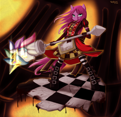 Size: 1280x1233 | Tagged: safe, artist:skykain, pinkie pie, anthro, unguligrade anthro, alice, alice in wonderland, alice madness returns, american mcgee's alice, clothes, costume, crossover, hobby horse, parody, pinkamena diane pie, solo