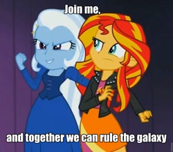 Size: 960x843 | Tagged: safe, derpibooru import, edit, edited screencap, screencap, sunset shimmer, trixie, equestria girls, rainbow rocks, dialogue, image macro, lowres, meme, quote, star wars, trixie yells at everything