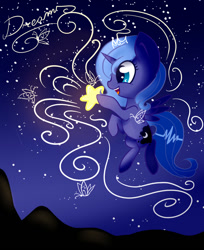 Size: 734x900 | Tagged: safe, artist:lucinda250, princess luna, alicorn, pony, dream, filly, flying, night, remake, solo, stars, tangible heavenly object, woona