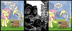 Size: 1500x656 | Tagged: safe, artist:madmax, derpy hooves, fluttershy, pegasus, pony, box, comic, female, mare, pet