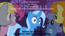 Size: 830x455 | Tagged: safe, derpibooru import, carrot top, derpy hooves, golden harvest, linky, pinkie pie, shoeshine, trixie, equestria girls, rainbow rocks, text