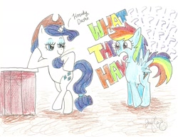 Size: 2197x1695 | Tagged: safe, artist:hahasauce, rainbow dash, rarity, pegasus, pony, unicorn, accessory swap, bipedal leaning, cowboy hat, dialogue, hat, surprised, traditional art