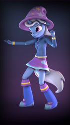 Size: 5400x9600 | Tagged: safe, artist:imafutureguitarhero, derpibooru import, part of a set, trixie, anthro, plantigrade anthro, unicorn, 3d, abstract background, absurd file size, absurd resolution, boots, bust, chromatic aberration, clothes, come here, compression shorts, equestria girls outfit, female, film grain, floppy ears, hat, hoodie, horn, jacket, mare, nose wrinkle, pants, portrait, raised eyebrow, shirt, shoes, shorts, signature, skirt, smiling, solo, source filmmaker, trixie's hat, vertical, zipper