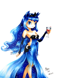 Size: 1314x1786 | Tagged: safe, artist:claire lin, princess luna, human, cleavage, clothes, dress, female, humanized, side slit, solo, traditional art