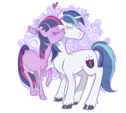 Size: 2199x1968 | Tagged: safe, artist:cruddydoodles, shining armor, twilight sparkle, unicorn twilight, pony, unicorn, abstract background, blushing, brother and sister, cutie mark, eyes closed, female, heart, horn, incest, kiss on the cheek, kissing, male, mare, raised hoof, shiningsparkle, shipping, siblings, smiling, stallion, straight, twicest