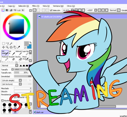 Size: 1500x1388 | Tagged: safe, artist:madmax, rainbow dash, pegasus, pony, blue coat, female, livestream, mare, multicolored mane, photoshop, solo