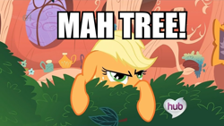 Size: 960x540 | Tagged: safe, applejack, earth pony, pony, female, image macro, mare, solo, tree