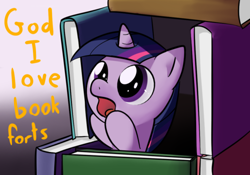 Size: 500x350 | Tagged: source needed, safe, artist:dazko, derpibooru import, twilight sparkle, book, book fort, cute, dialogue, filly, open mouth, solo, that pony sure does love books, younger