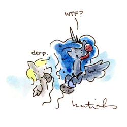 Size: 650x650 | Tagged: safe, artist:katiecandraw, derpy hooves, princess luna, alicorn, pegasus, pony, :t, controller, derp, duo, duo female, eating, female, gamer luna, headset, mare, mouth hold, traditional art