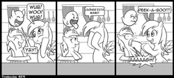 Size: 1000x446 | Tagged: safe, artist:madmax, derpy hooves, dinky hooves, ghost, pegasus, pony, undead, boo (super mario), comic, crossover, female, grayscale, mare, monochrome, peekaboo, simple background, spanish, super mario bros., translation, underp, white background