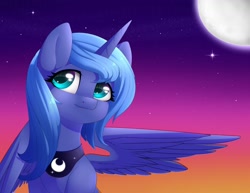 Size: 1280x989 | Tagged: safe, artist:noodlefreak88, princess luna, alicorn, pony, filly, moon, s1 luna, smiling, solo, stars, twilight (astronomy), woona