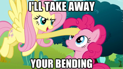 Size: 625x351 | Tagged: safe, edit, edited screencap, screencap, fluttershy, pinkie pie, earth pony, pegasus, pony, putting your hoof down, amon, dialogue, image macro, the legend of korra