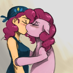 Size: 900x900 | Tagged: safe, artist:deeriojim, artist:kevinsano, pinkie pie, human, pony, blushing, breasts, colored, female, human on pony action, human ponidox, humanized, humanized human on pony action, interspecies, kissing, lesbian, piepie, selfcest, shipping