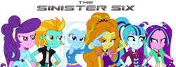 Size: 2664x1024 | Tagged: safe, artist:imperfectxiii, artist:nano23823, artist:punzil504, derpibooru import, adagio dazzle, aria blaze, lightning dust, sonata dusk, suri polomare, trixie, equestria girls, rainbow rocks, antagonist, hundreds of users filter this tag, mane six, simple background, the dazzlings, transparent background, vector