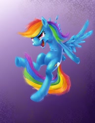 Size: 1224x1584 | Tagged: safe, artist:ruffu, rainbow dash, pegasus, pony, blue coat, blue wings, female, mare, multicolored mane, simple background, smiling, solo