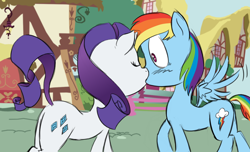 Size: 1100x669 | Tagged: safe, artist:okiedokielowkey, rainbow dash, rarity, pegasus, pony, unicorn, female, kissing, lesbian, raridash, shipping, wingboner