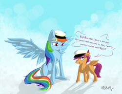 Size: 2000x1541 | Tagged: safe, artist:copycatastrophe, rainbow dash, scootaloo, pegasus, pony, female, hat, mare, wings