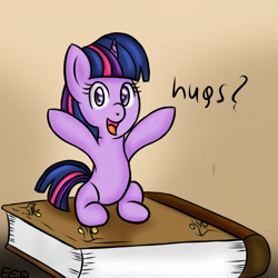 Size: 900x900 | Tagged: safe, artist:freefraq, derpibooru import, twilight sparkle, book, bronybait, hug, hug request, solo