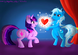 Size: 1024x724 | Tagged: safe, artist:mangariner, derpibooru import, trixie, twilight sparkle, pony, unicorn, female, heart, lesbian, mare, obtrusive watermark, shipping, twixie, watermark