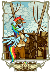 Size: 1756x2485 | Tagged: safe, artist:noreasontohope, rainbow dash, pegasus, pony, airship, bipedal, clothes, cloud, ear piercing, earring, female, flying, goggles, jewelry, mare, piercing, pirate, plot, scar, skull, sky, smiling, solo, steampunk, wrench